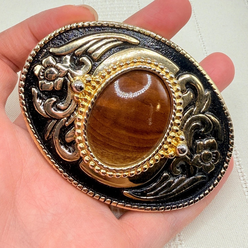 Vintage Western Faux Tiger Eye Cabochon Gold Tone Belt Buckle w/ Floral Motif